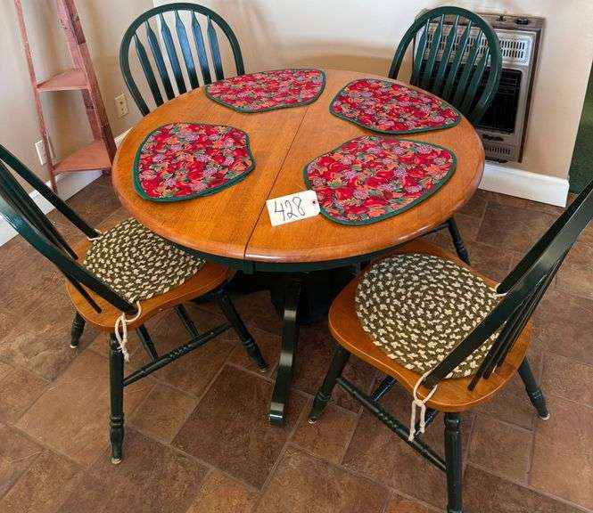 ROUND TABLE AND FOUR CHAIRS - 42 INCH ROUND TABLE STANDS ABOUT 29 INCHES TALL WITH GREEN BASE image