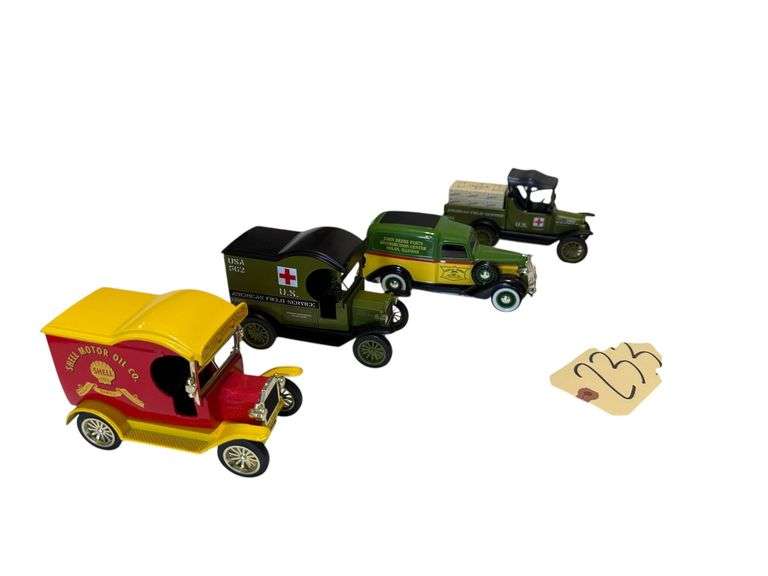 2 GEARBOX FORD MODEL T 1912 MODEL DELIVERY CAR BANKS: U.S. AMERICAN FIELD SERVICE, SHELL MOTOR OIL COMPANY; GEARBOX 1918 RUNABOUT AMERICAN FIELD SERVICE BANK; LIBERTY CLASSICS 1936 DODGE JOHN DEERE MODEL PARTS DISTRIBUTION CAR BANK image