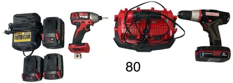 MILWAUKEE BATTERY CHARGING STATION, MILWAUKEE IMPACT DRIVER, 2 LITHIUM CP 2.0 BATTERIES, 1 LITHIUM HIGH OUTPUT XC 6.0 BATTERY, DEWALT 12V BATTERY CHARGER, CRAFTSMAN 19.2V CORDLESS DRILL WITH BATTERY AND NO CHARGER image