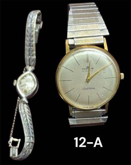 2 VINTAGE WIND-UP WATCHES: LADIES BULOVA 23 W/ GOLD FILLED CASE (CRACK ON CRYSTAL), MEN'S 21 JEWEL FORTIS STREAMLINE WATCH - BOTH APPEAR TO BE WORKING AT TIME OF PHOTO image