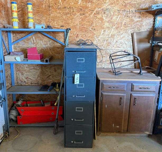 TWO DRAWERS OVER TWO DOOR CABINET, FOUR DRAWER METAL FILING CABINET, FOUR SHELF METAL SHELF WITH CONTENTS image