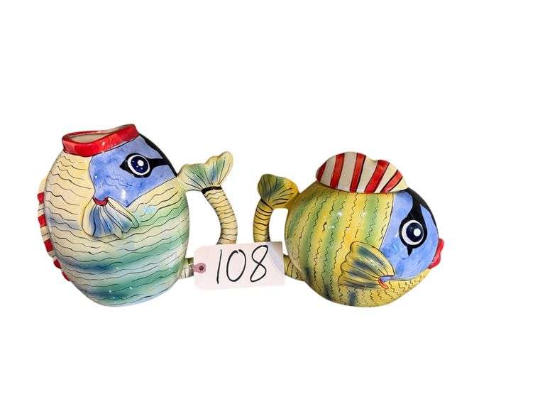 2 ANN ORMSBY CERAMIC TROPICAL FISH DECORATIVE PITCHERS image