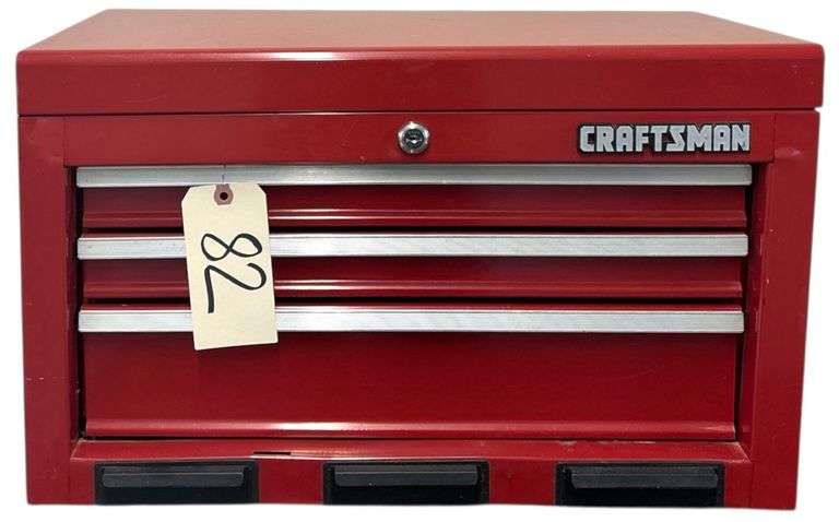 CRAFTSMAN 3 DRAWER METAL TOOL BOX (NO KEY) CHOCK-FULL OF TOOLS: VICE GRIPS, WIRE STRIPPERS, NEEDLE NOSE SCREWDRIVERS, CHANNEL LOCKS, FLASHLIGHT, SCREWDRIVER SETS AND MORE image