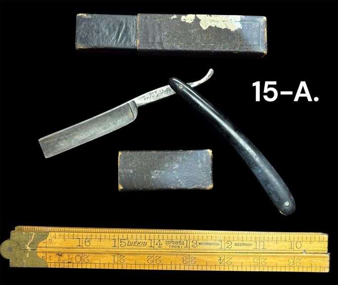 ANTIQUE LUFKIN FOLDING YARD STICK W/ BRASS HINGE, ANTIQUE KEEN KUTTER NO. K.44 STRAIGHT RAZOR image