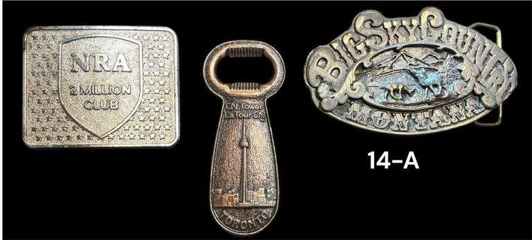 TWO BELT BUCKLES: NRA, MONTANA - BRONZE BOTTLE OPENER TORONTO image