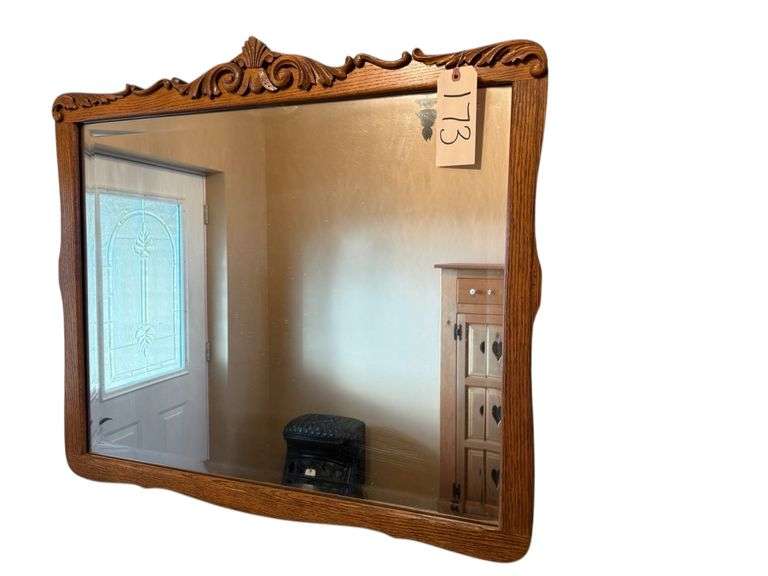 VINTAGE/ANTIQUE OAK FRAME W/ BEVELED GLASS MIRROR - APPROX. 32” X 29” OVERALL image