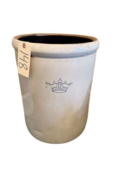 NO. 12 (LARGE 12 GALLON) CROWN MARKING CROCK - SMALL PIECE OF VENEER MISSING AT BOTTOM, LIGHT SCRATCHING image