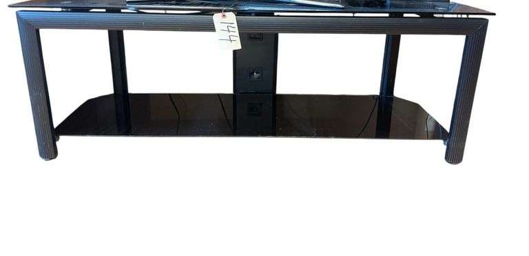 METAL BASE ENTERTAINMENT STAND W/ 2 GLASS SHELVES APPROX. 51.25” LENGTH X 17” DEEP X 18.5” TALL image