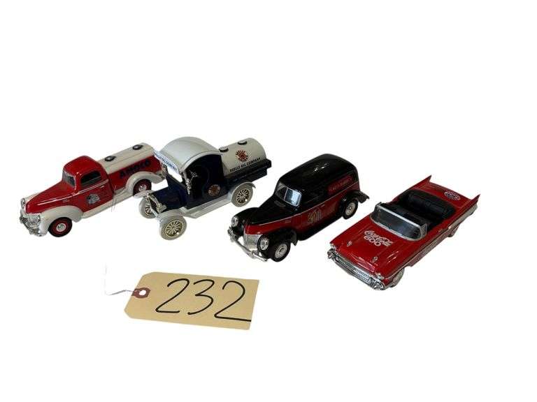 LIBERTY CLASSICS 1957 CHEVROLET COCA-COLA MODEL PACE CAR BANK, LIBERTY CLASSICS 40 FORD DIAMOND RIO “MEET IN THE MIDDLE” MODEL CAR BANK, LIBERTY CLASSICS 40 FORD AMOCO MODEL CAR BANK, GEARBOX REPLICA FORD MODEL T 1912 DELIVERY CAR BANK image