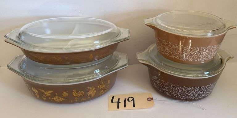 2 PYREX EARLY AMERICAN "HERITAGE"/"ROOSTER WEATHERVANE" OVULAR CASSEROLE DISHES, ONE 1.5 QT AND ONE 2.5 QT; TWO ROUND WOODLANDS PATTERN  PYREX CASSEROLE DISHES image
