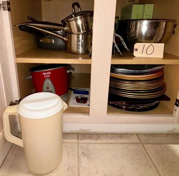 STAINLESS STEEL DOUBLE BOILER, SS SKILLET, 3 TEFLON SKILLETS, 6 SS NESTING BOWLS, LARGE TEFLON SAUCEPAN WITH LID, APPROX. 19 PLASTIC CHARGERS, RUBBERMAID PLASTIC 1 GAL PITCHER, 6 CUP AROMA BRAND ELECTRIC RICE COOKER, NON-STICK BUNDT PAN, 2 CANNING JAR HANDLERS image