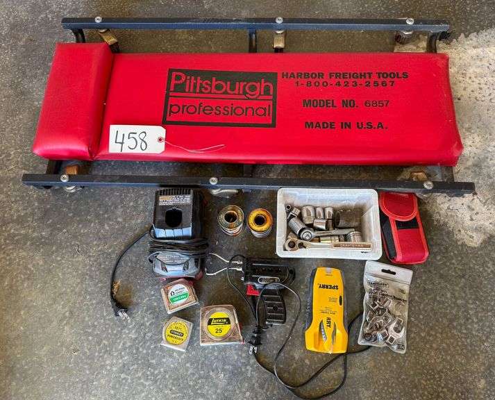 PITTSBURGH PROFESSIONAL CREEPER WITH SOLDER GUN AND SOLDER WIRE, ASSORTED TAPE MEASURES, CRAFTSMAN 10 PIECE CROWFOOT WRENCH SET, CRAFTSMAN RATCHET WITH SOCKETS AND CRAFTSMAN BATTERY OPERATED MEASURING TAPE image