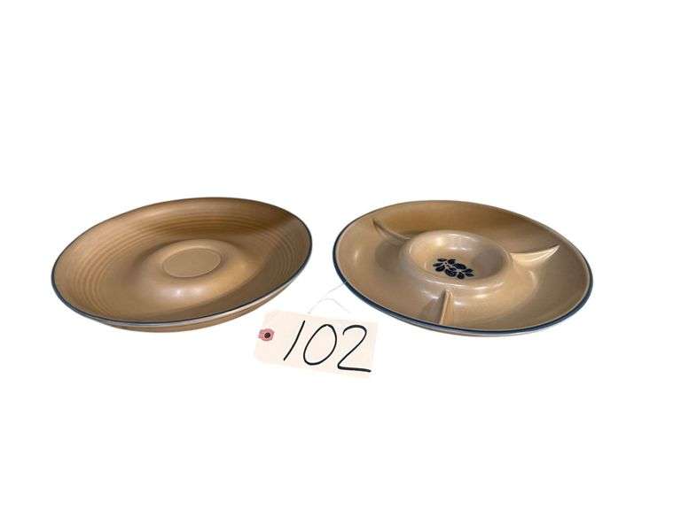 2 PFALTZGRAFF YORKTOWNE STONEWARE CHIP AND DIP PLATTERS - DIVIDED DIAMETER APPROX. 12” DIAMETER, OTHER APPROX. 11.5” DIAMETER image