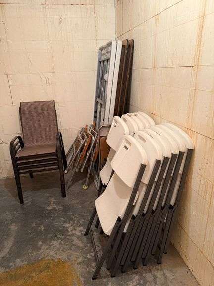 LIFETIME PLASTIC CHAIRS, TWO LIFETIME 6 FOOT PLASTIC TABLES, 2 - 6 FOOT LAMINATE TABLES, TWO RATTAN FOLDING CHAIRS, ONE METAL SAMSONITE CHAIR AND FOUR OUTDOOR PATIO CHAIRS image