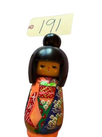KOKESHI WOODEN DOLL APPROX. 8" - BEAUTIFUL RED KIMONO WITH HAND PAINTED FLOWERS image