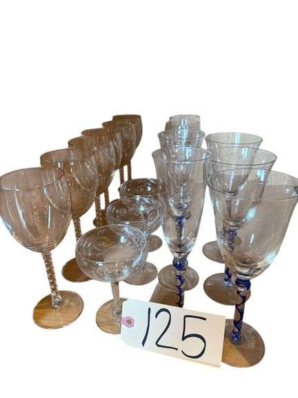 9 TWISTED STEM WINE GLASSES, 3 BLUE STEM WINE GLASSES, 2 BLUE STEM CHAMPAGNE GLASSES, 3 ETCHED CHAMPAGNE GLASSES image