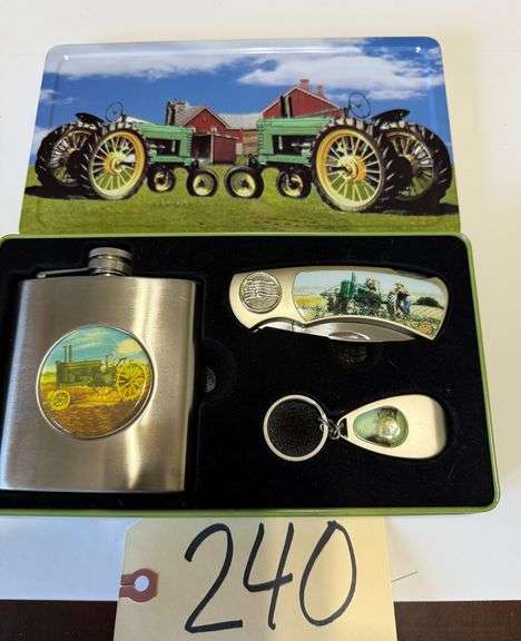 JOHN DEERE KNIFE W/ DECORATIVE HANDLE, JOHN DEERE FLASK, JOHN DEERE KEYCHAIN SET IN JOHN DEERE TIN image