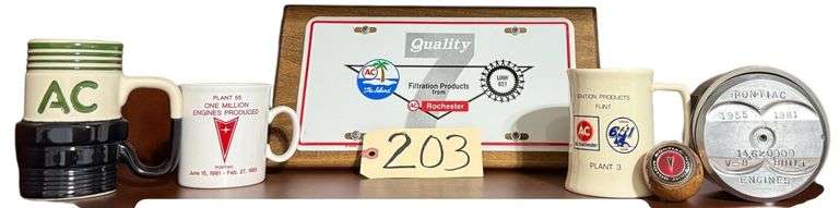 AC SPARK PLUG COFFEE MUG, PONTIAC COFFEE MUG, AC IGNITION PRODUCTS COFFEE MUG, PONTIAC COMMEMORATIVE PISTON, PONTIAC SHIFTER HEAD, AC FILTRATION PRODUCTS LICENSE PLATE image