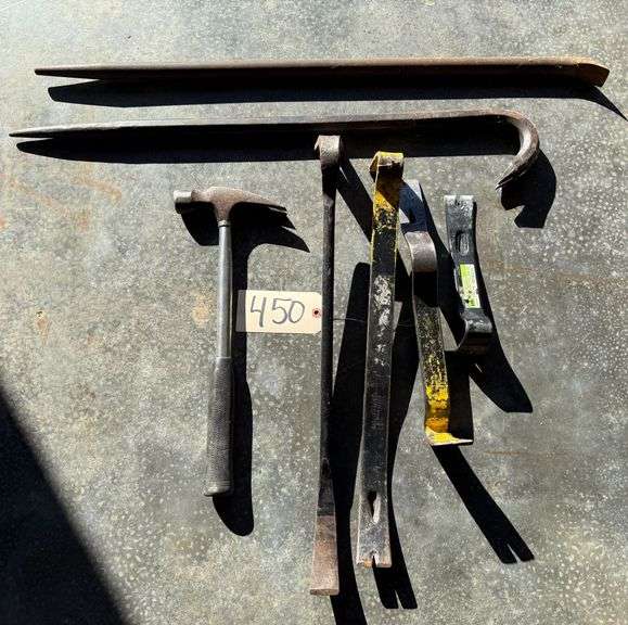 ASSORTMENT OF PRY BARS AND NAIL PULLERS AND HAMMER image