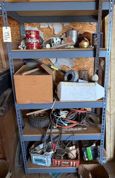 FIVE SHELF METAL SHELF WITH CONTENTS: JUMPER CABLES, BOLTS AND SCREWS, VASES, ALUMINUM COFFEE POT AND RIDGID DRAIN CLEANER image