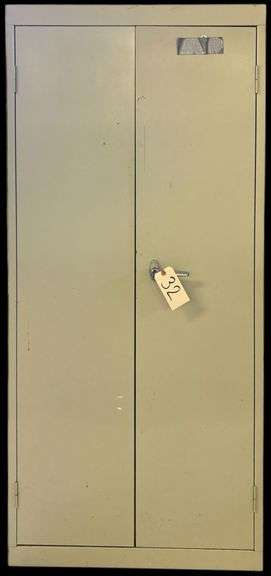 2 DOOR METAL STORAGE CABINET (NO KEY) WITH CONTENTS: GRILLING TOOLS AND EXTENSION CORDS image