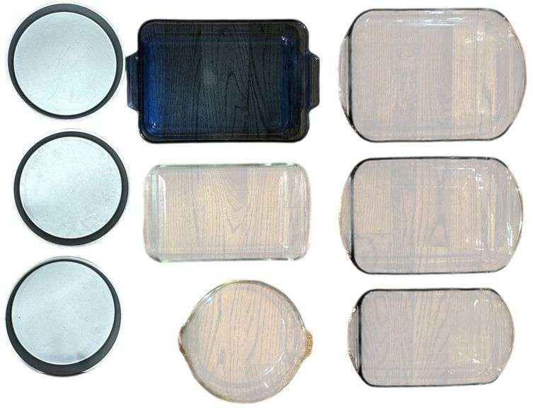 3 RECTANGULAR NESTING GLASS BAKING DISHES, 2 PYREX BAKING DISHES, ANCHOR-HOCKING BAKING DISH, 3 NON-STICK CAKE PANS image