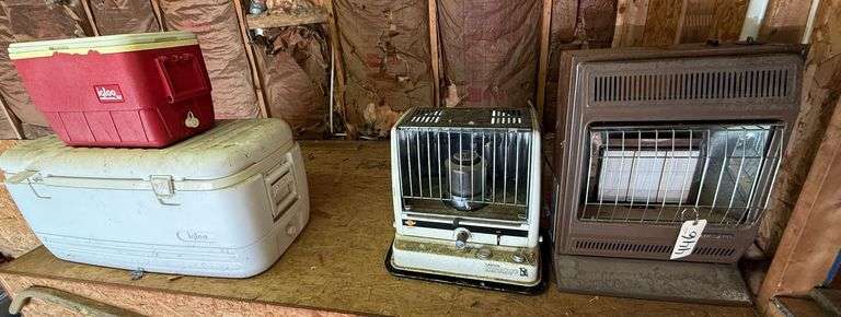 ONE IGLOO 25 COOLER, ONE IGLOO LARGE WHITE COOLER, ONE KEROSENE RADIANT 10 HEATER, ONE VANGUARD GAS HEATER image