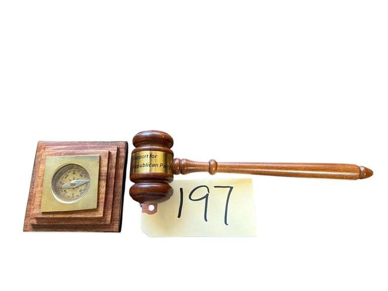 GAVEL W/ COLD COLORED “SUPPORT FOR REPUBLICAN PARTY AND GEORGE BUSH” GAVEL, BRASS COMPASS IN WOODEN CASE image