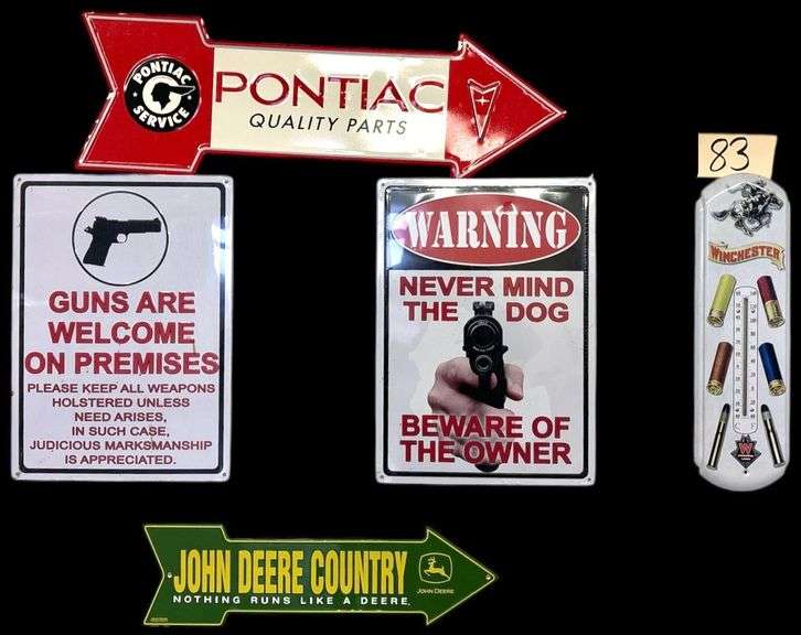 METAL SIGNS: PONTIAC, GUNS ARE WELCOME, WARNING, JOHN DEERE AND WINCHESTER THERMOMETER image