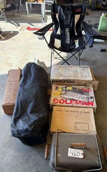 TWO COLEMAN PROPANE GAS CAMPING STOVES, TABLE TOP BUFFET RANGE, SMALL SUNBEAM PATIO GRILL, TWO TENTS image