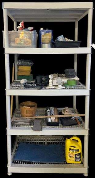 PLASTIC 5 SHELF UNIT INCLUDING CONTENTS: CAULK, LIGHT BULBS, RECHARGEABLE VACUUM, SPONGES, WOOD REFINISHING ITEMS, SHEETROCK POLE, FIBERGLASS WIRE RUNNING KIT AND OTHER ITEMS image