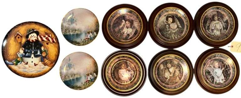6 THE BRADFORD EXCHANGE “GARDENS OF INNOCENCE” COLLECTORS’ PLATES, 2 FRANKLIN MINT “SUMMER DREAM” COLLECTORS’ PLATES, CERAMIC SNOWMAN PLATTER image