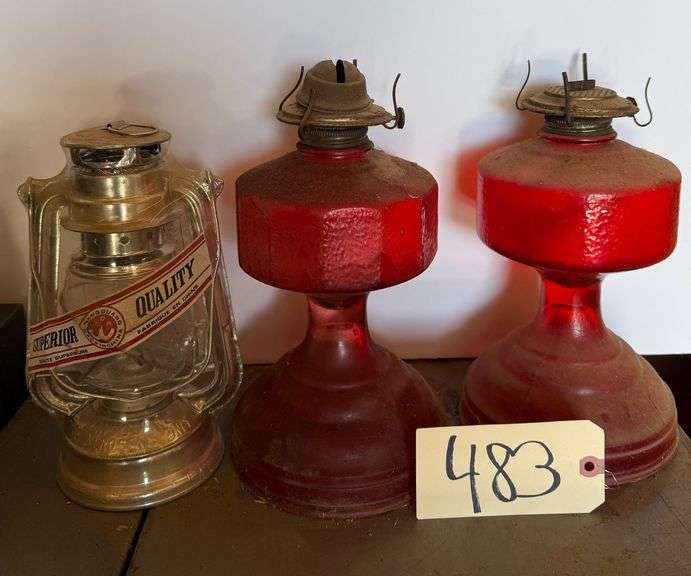 TWO VINTAGE OIL LAMPS AND ONE SUPERIOR QUALITY KEROSENE LAMP image