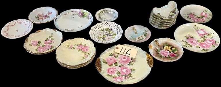 ENESCO PORCELAIN FLORAL NAPPY, 6 FLORAL TRINKET DISHES W/ GOLD TRIM, VERNA MCABOY 1962 FLORAL HAND PAINTED NAPPY, 10 FLORAL HAND-PAINTED GERMAN STYLE FLORAL PLATES MARKED “MARGE”, 2 GOLDEN CROWN GERMANY FLORAL PLATES - “BRIDAL ROSE” & WILD ROSE”, SMALL FRANCONIA BAVARIA “HAWTHORNE” PATTERN PLATE, OTHER PLATE CHIPPED/AS-IS image