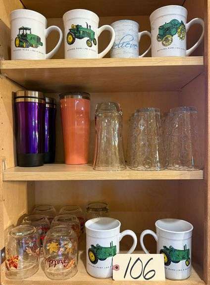 5 JOHN DEERE COFFEE MUGS, OTHER COFFEE MUG, CLEAR DRINKING GLASSES TO INCLUDE 7 SHORTER/9 TALLER, 3 INSULATED MUGS/TUMBLERS image