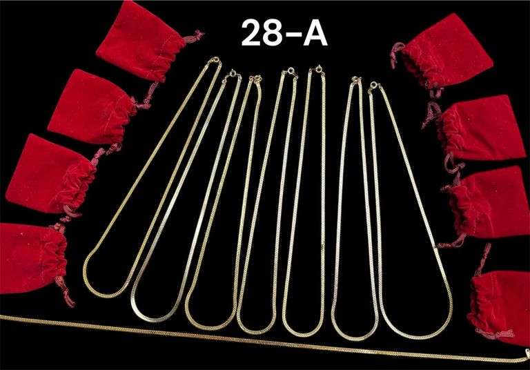 8 GOLD TONE NECKLACES, MARKED KOREA, HERRINGBONE STYLE, EACH APPROX. 19" WITH RED VELVET POUCHES image