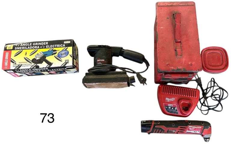 4.5 INCH ANGLE GRINDER, CRAFTSMAN 1/3 SHEET ELECTRIC SANDER 1/4 HP, AMMO BOX WITH MILWAUKEE MULTITOOL RECHARGEABLE 12V image