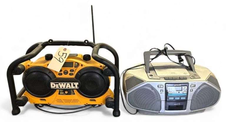 DEWALT ELECTRIC WORKSITE RADIO WITH BATTERY CHARGER IN BACK AND AIWA CASSETTE, CD, RADIO image