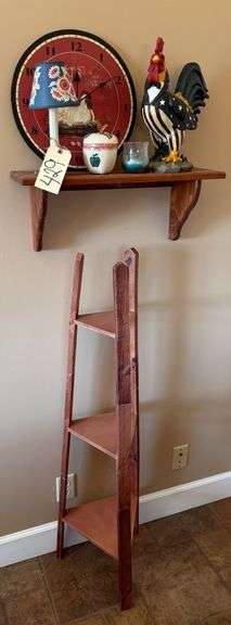 WALL CHEF WITH CHICKEN CLOCK, ROOSTER SCULPTURE LAMP AND CORNER SHELF image