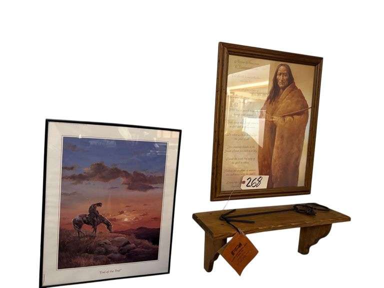 “END OF THE TRAIL” PRINT, NATIVE AMERICAN PRINT, ALASKAN ORNAMENTAL IRON MOOSE HOLDER, WOODEN WHATNOT SHELF image