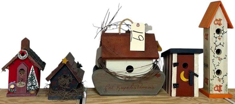 5 DECORATIVE BIRDHOUSES: 1 UT, 1 OUTHOUSE, 1 BOAT, 1 CHRISTMAS, 1 OTHER image