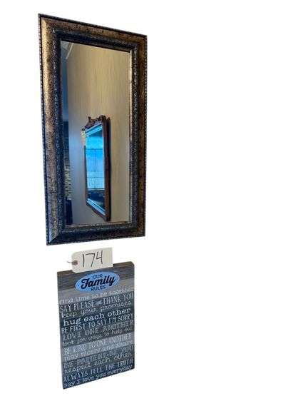 SMALL “FAMILY RULES” DECORATOR PIECE, SMALL RECTANGULAR MIRROR APPROX. 23.5” X 12” OVERALL image