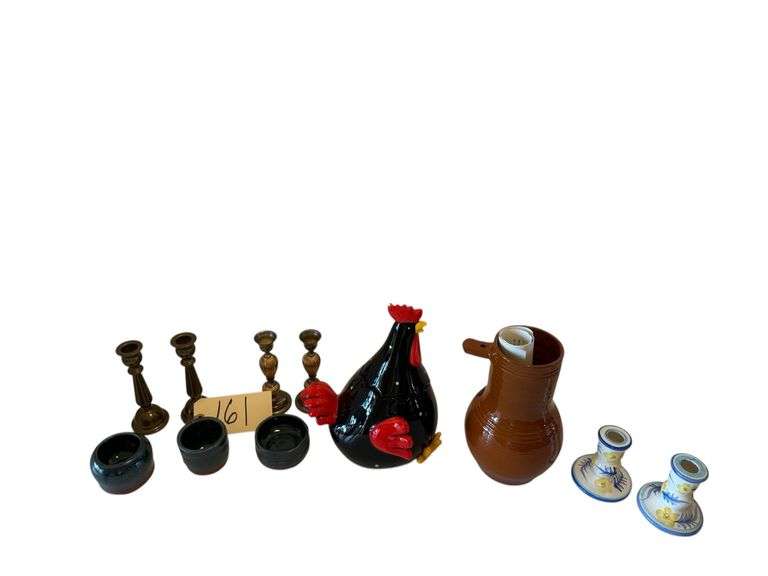 PAIR OF VINTAGE CERAMIC CANDLESTICKS - APPEAR TO BE HAND PAINTED, PAIR OF VINTAGE TAPER CANDLEHOLDERS, PAIR OF HEAVY BRASS CANDLEHOLDERS, WILLIAMSBURG POTTERY 18TH CENTURY STYLE BIRD BOTTLE, 3 SMALL STONE DISHES, CERAMIC ROOSTER COOKIE JAR image