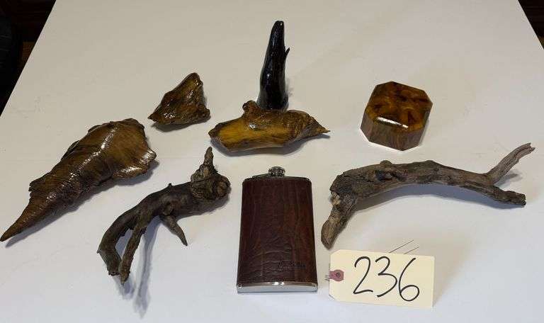 CABELA’S 9OZ FLASK W/ LEATHER COVER, SMALL ASSORTMENT OF DRIFTWOOD AND TREATED WOOD image