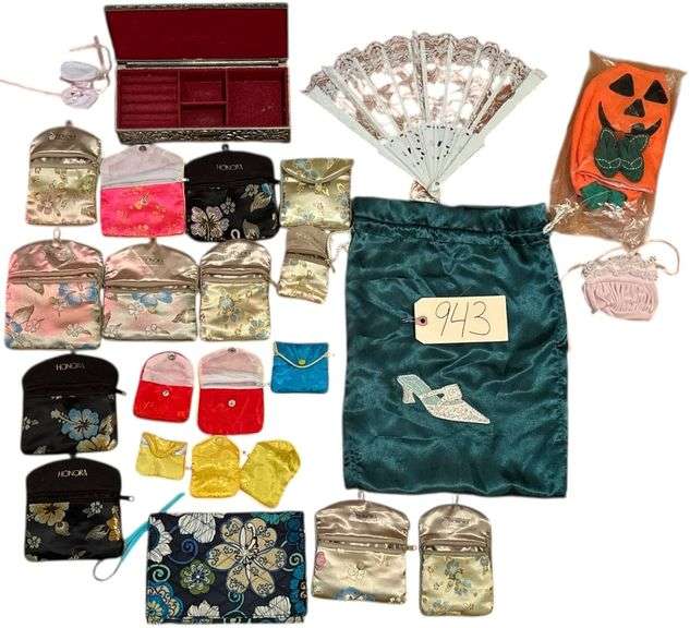 METAL JEWELRY BOX, VERA BRADLEY POCKETBOOK, ASSORTMENT OF HONORA JEWELRY POUCHES, DAINTY LADIES' FAN, ETC. image