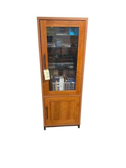 2 WOODEN ENTERTAINMENT STANDS W/ 3 GLASS SHELVES, GLASS DOOR, AND WOODEN DOOR - EACH APPROX. 58.5” TALL X 21.5” WIDE X 19.5” DEEP - TO INCLUDE SAMSUNG DVD PLAYER, LG BLU-RAY PLAYER, JVC VCR PLAYER, PANASONIC AM/FM RADIO/5-CD CHANGER, DOUBLE TAPE/CASSETTE DECK W/ 2 PANASONIC SPEAKERS AND SUBWOOFER image