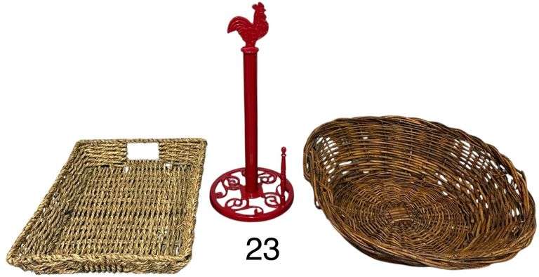RED METAL ROOSTER PAPER TOWEL HOLDER, OVAL GRAPEVINE BASKET, 9 X 13 WOVEN BASKET image