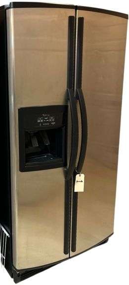 SIDE BY SIDE WHIRLPOOL GOLD REFRIGERATOR WITH WATER AND ICE IN THE DOOR - STAINLESS FRONT WITH BLACK SIDES - REFRIGERATOR IS 15.4 CU. FT., FREEZER 9.9 CU. FT. image