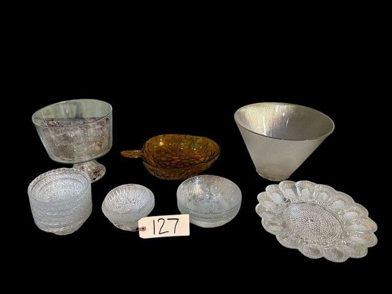 ASSORTMENT OF CLEAR GLASSWARE: TRIFLE DISH, LARGE SALAD BOWL, DEVILED EGG TRAY, SALAD BOWLS, ETC.; AMBER COLOR GRAPE PATTERN SERVING DISH image