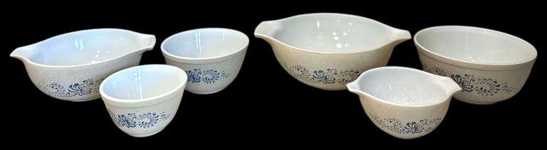 6 VINTAGE PYREX HOMESTEAD NESTING MIXING BOWLS - 3 W/ HANDLES image